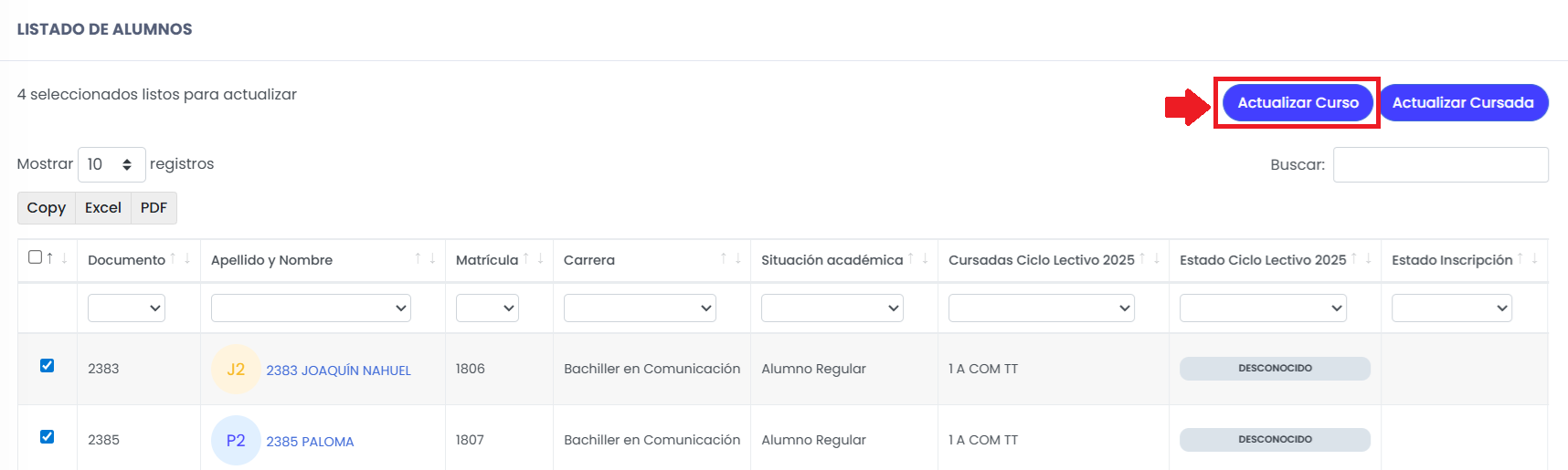 Actualizar el curso