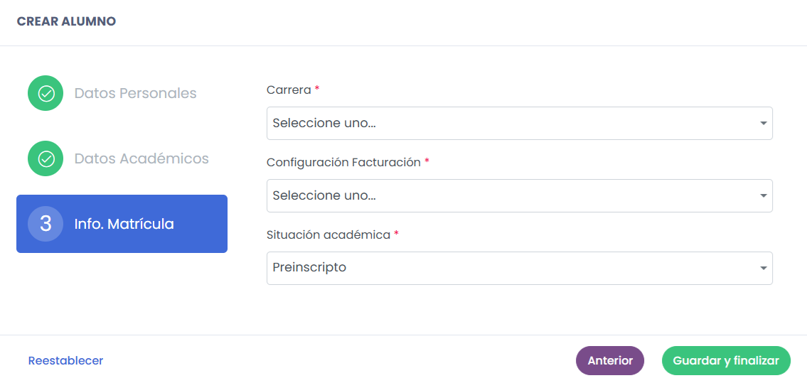 Completar la información de matrícula