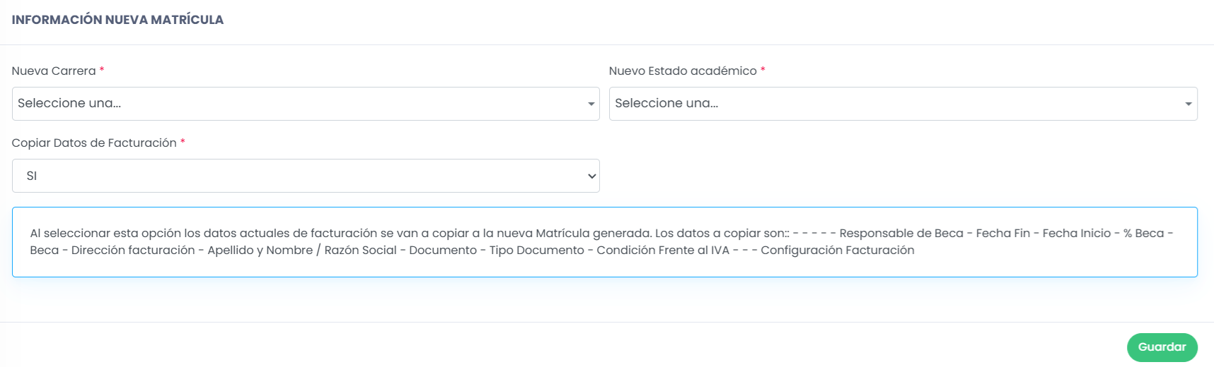 Completar la nueva matrícula