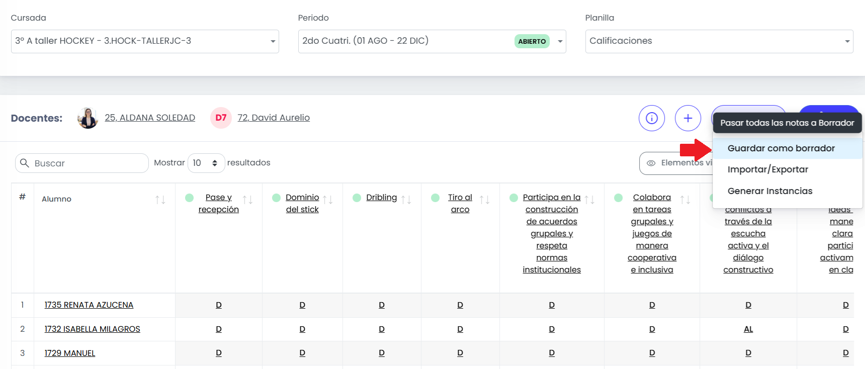 Evaluaciones en estado publicadas / validadas
