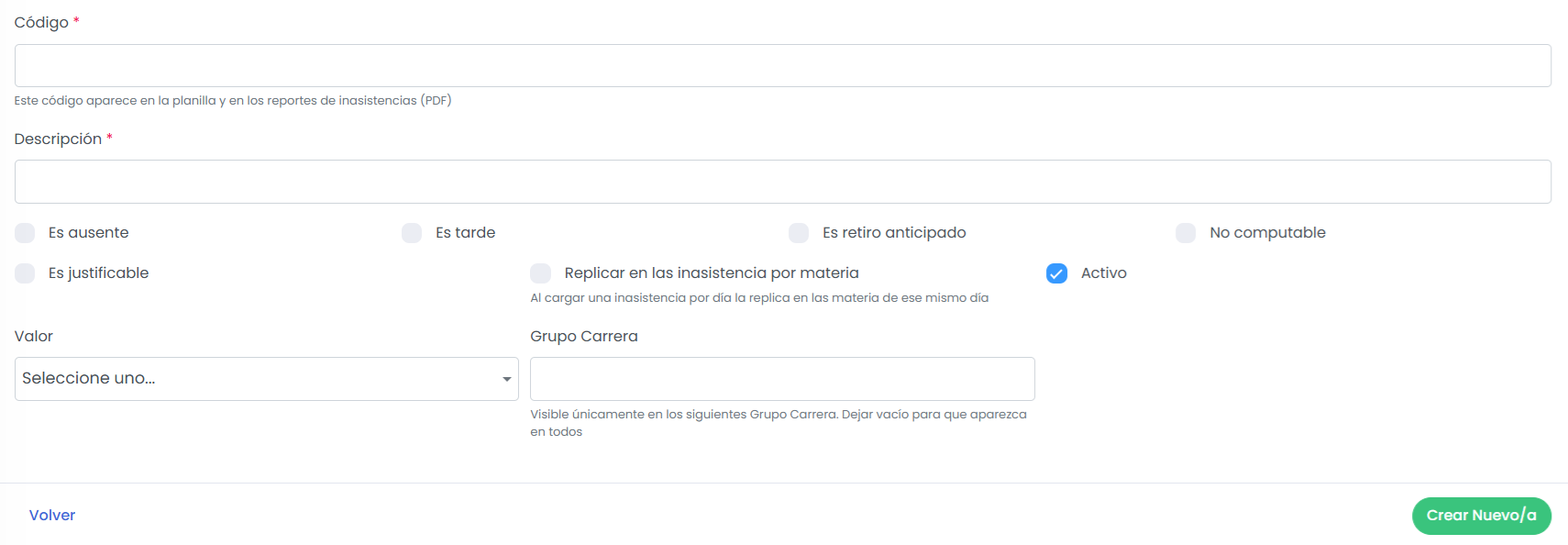 Crear o editar un tipo de inasistencia