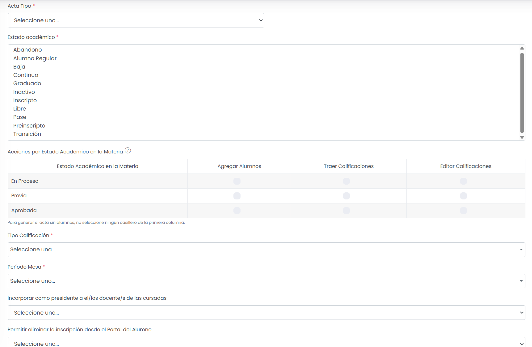 Configurar acciones por estado académico