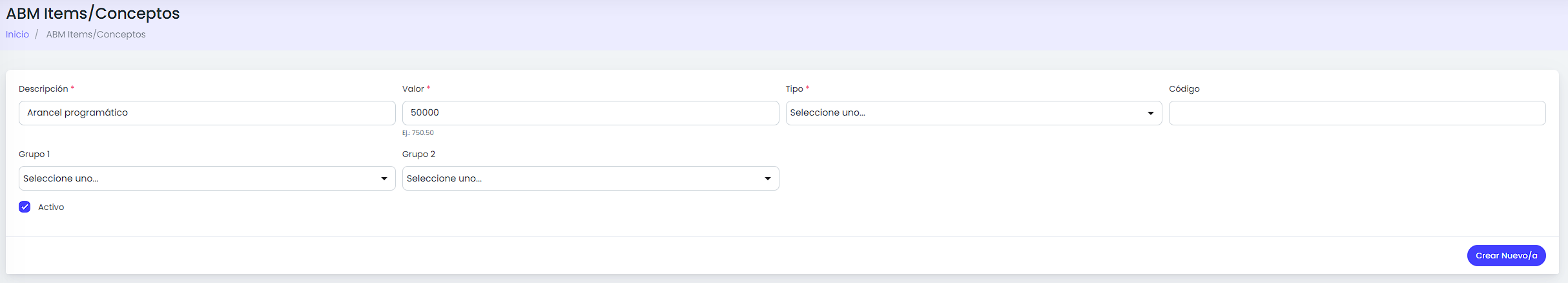 Ingresá la descripción y el valor