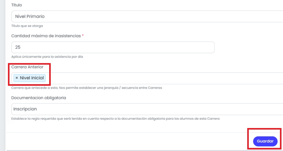 Configurá la carrera anterior.