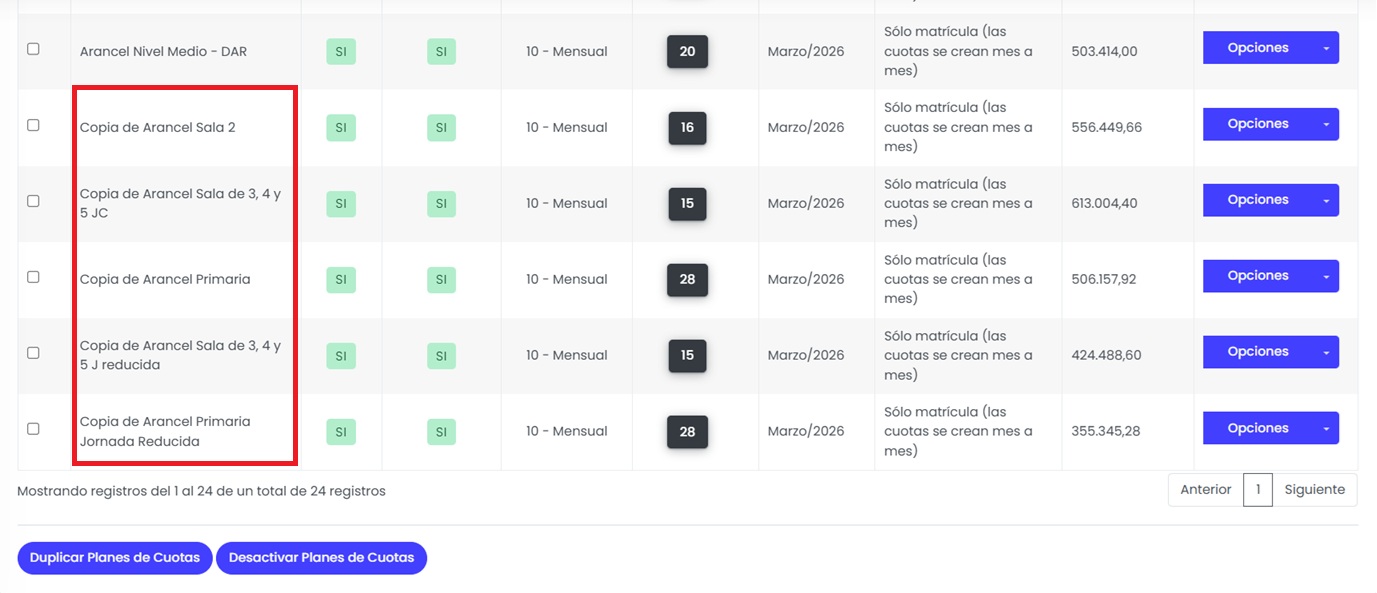 Duplicá los planes de cuotas.