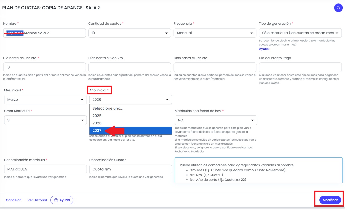 Actualizá la información del nuevo plan.