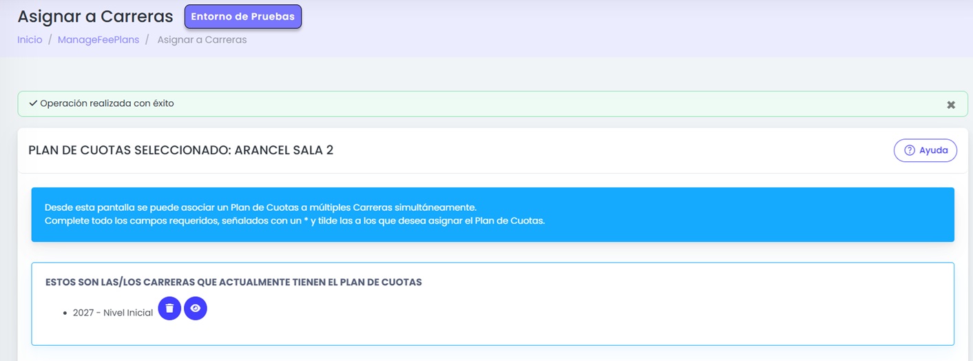 Asigná una carrera al plan de cuotas.