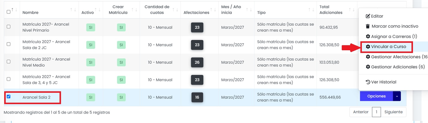 Vinculá el plan de cuotas a los cursos.