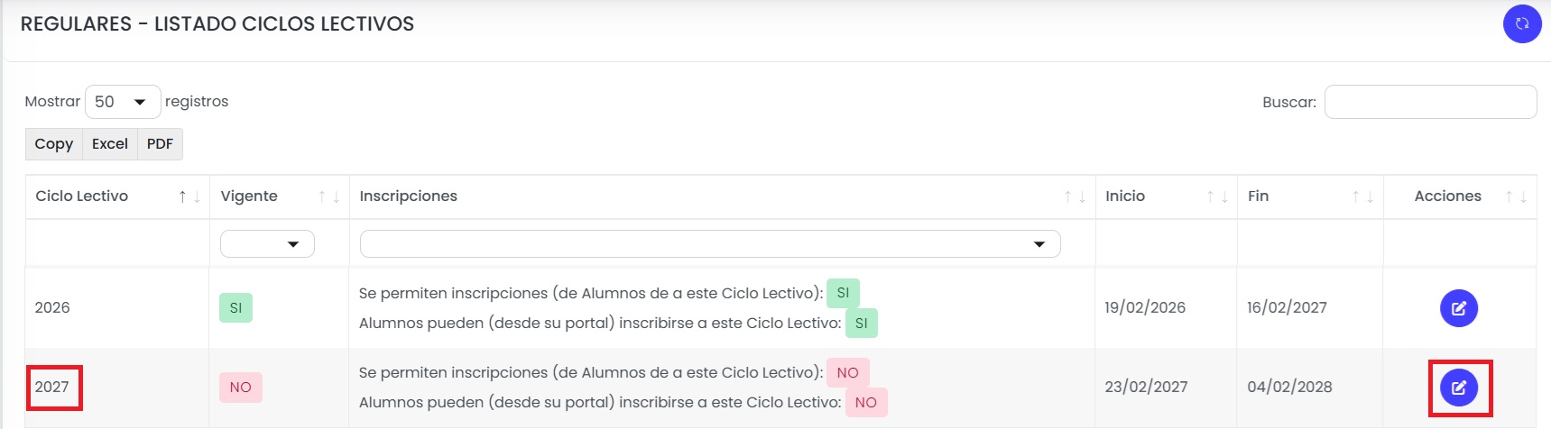 Ingresá a la configuración de reinscripciones.