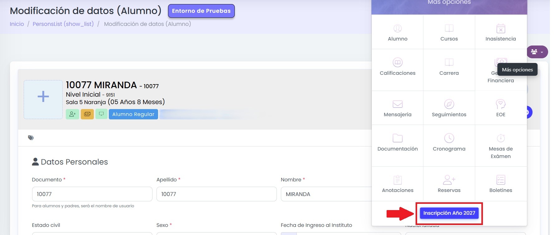 Accedé a la ficha del alumno.