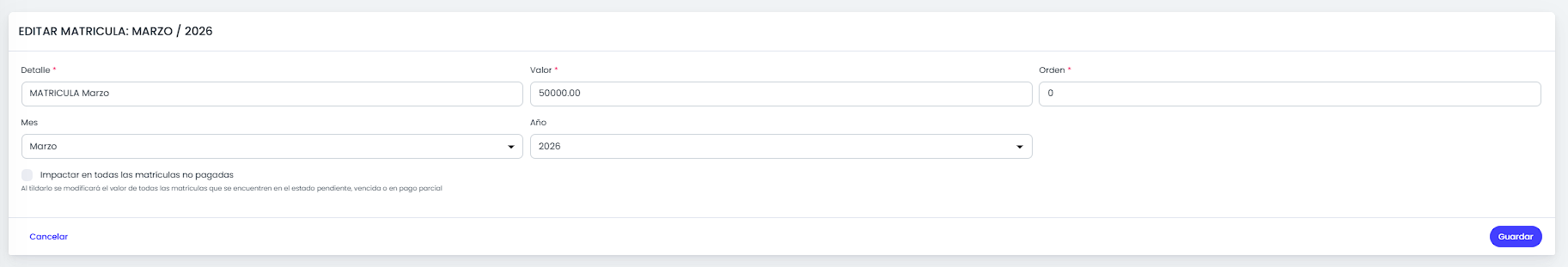 Editá la matrícula o las cuotas de la carrera