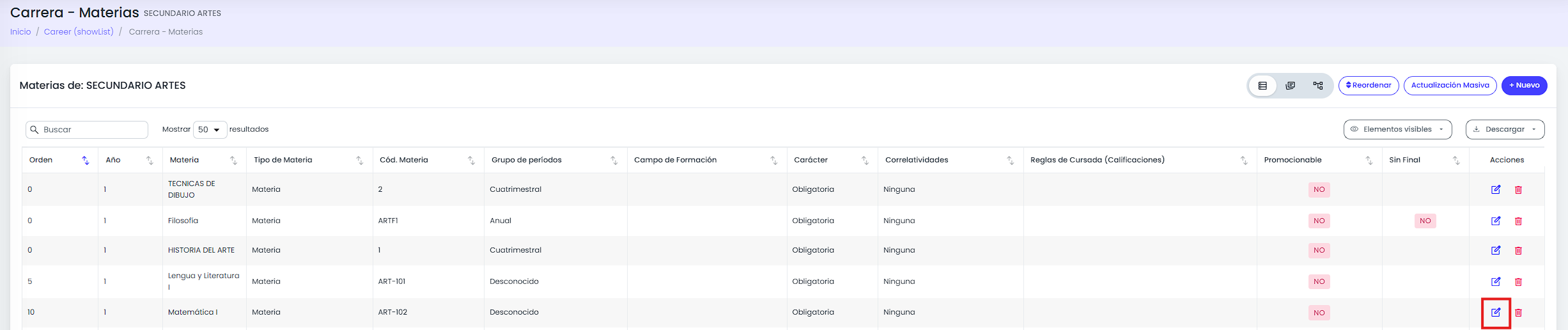Editar rápidamente el nombre desde el plan de carrera