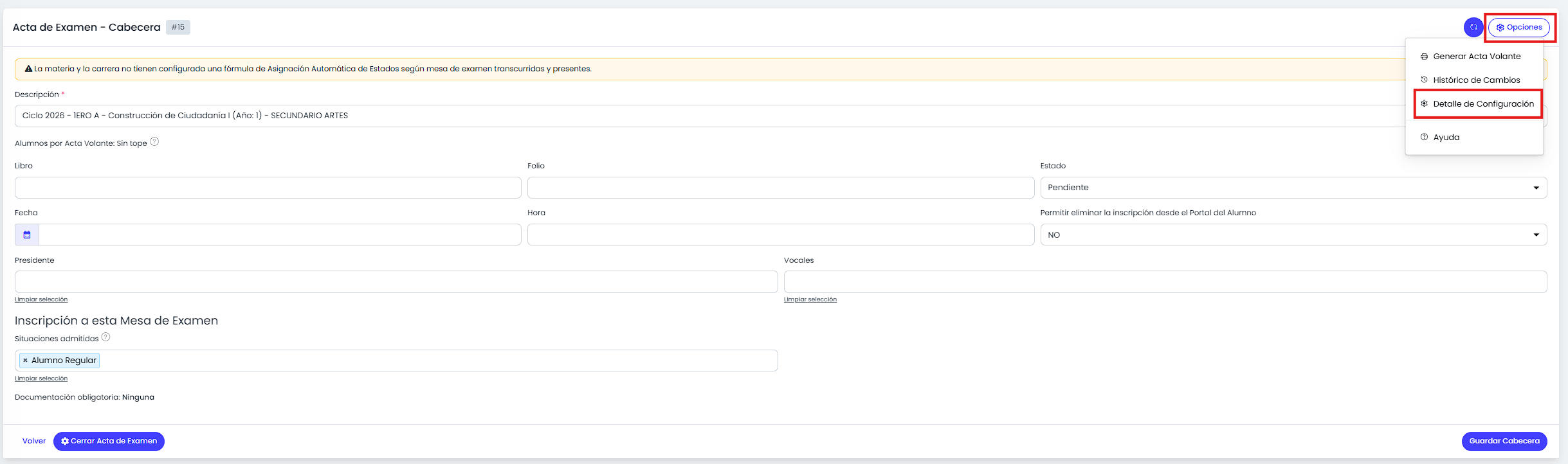 Consultar el detalle de configuración del acta