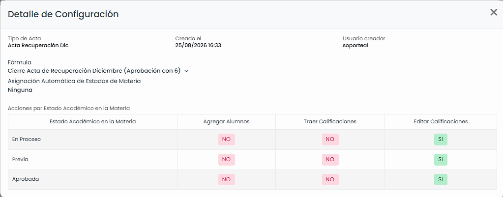 Consultar el detalle de configuración del acta