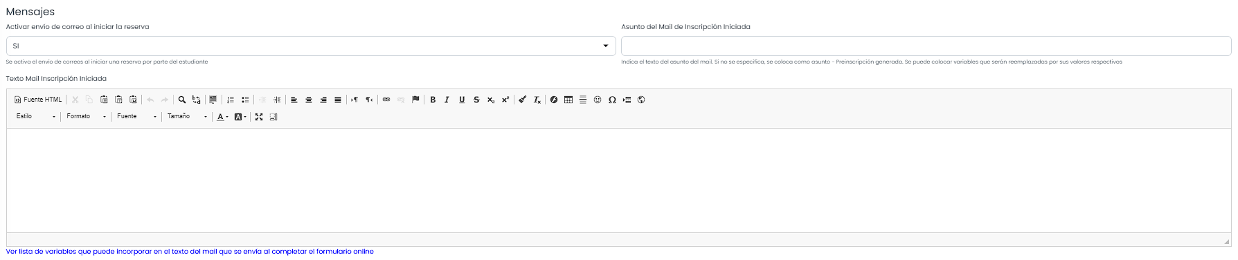 Configurá el correo de inscripción iniciada.