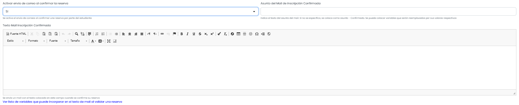 Configurá el correo de inscripción confirmada.