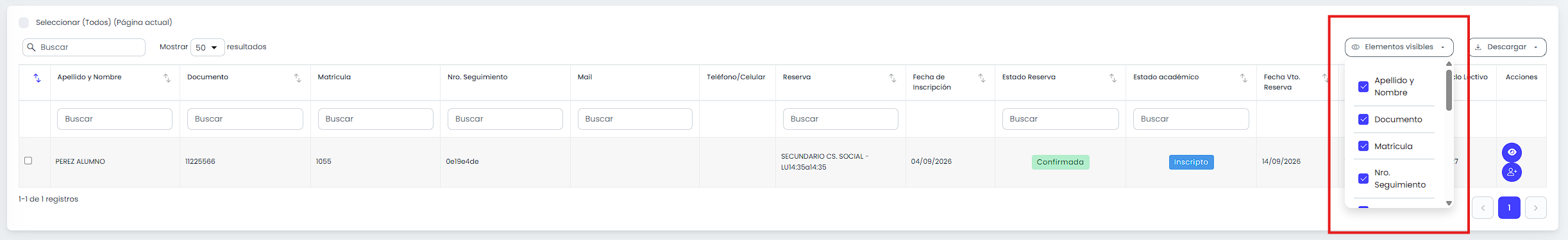 Personalizá las columnas visibles.